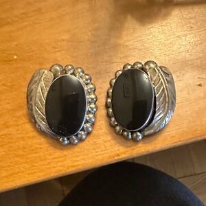 Sterling Silver Black Onyx Leaf Stud Earrings